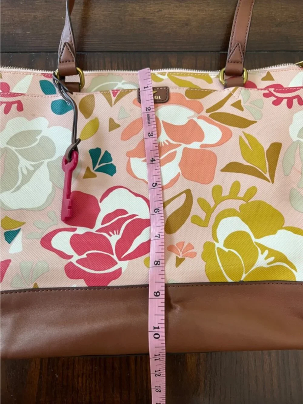 Fossil Mothers Day Large Shopper Tote Shoulder Bag Purse Pink Floral Print Key - Picture 7 of 11